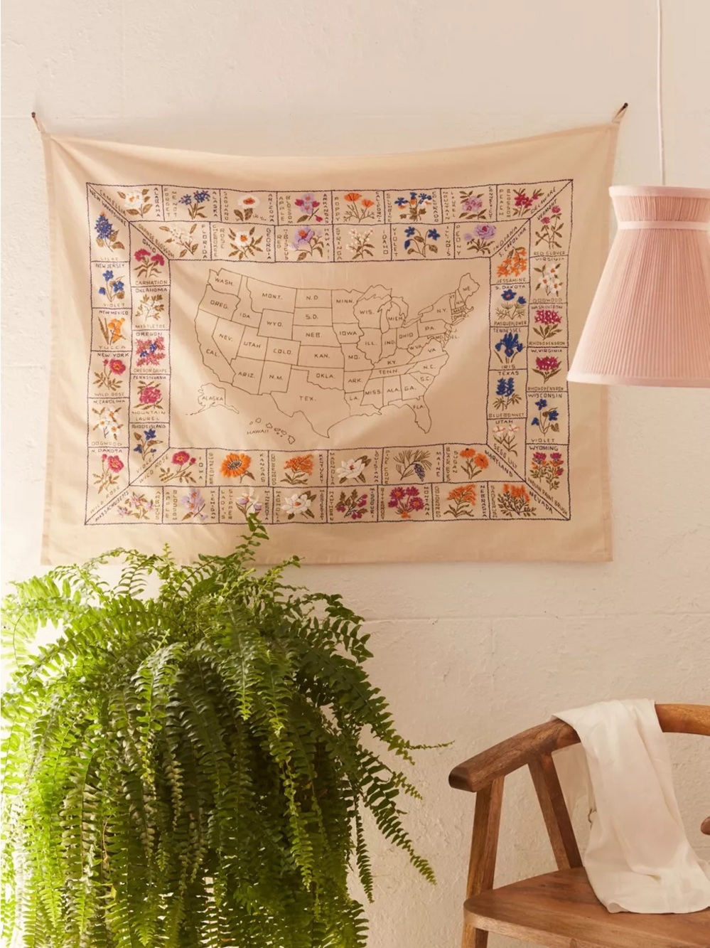 Embroidered US States cotton Wall Hanging with Floral Border